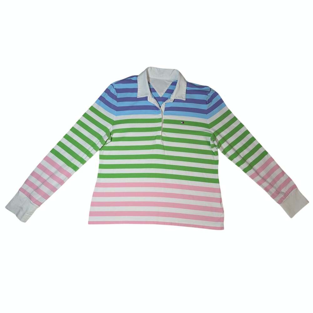 Vintage/Y2K Tommy Hilfiger Striped Long Sleeve Rugby Shirt Polo Top Size Medium - Picture 1 of 14
